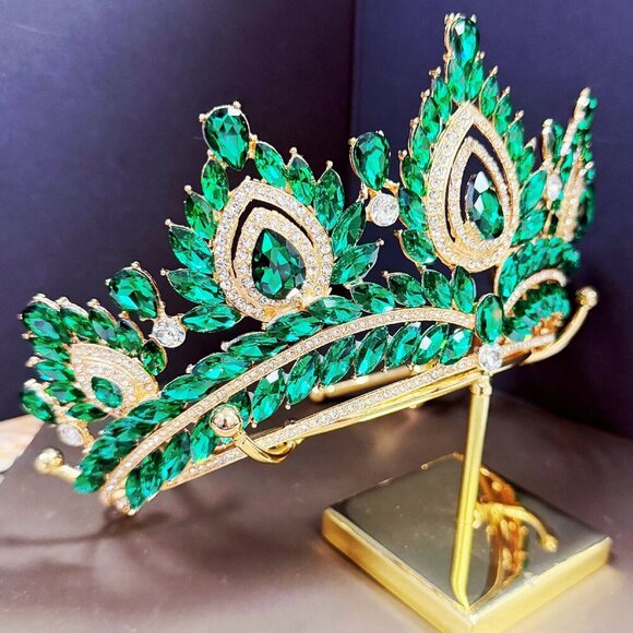 Quinceanera Crown, Green Rhinestone Crown, Large Size Crown, Gold Crystal Crown main image 6